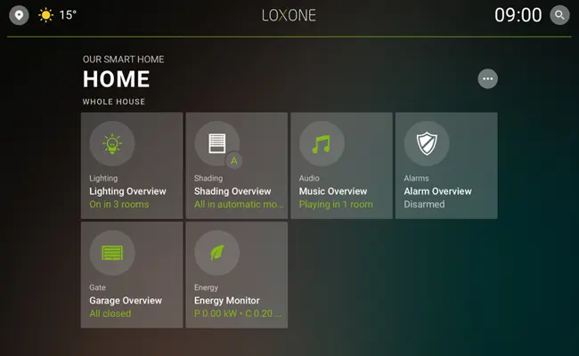 Loxone app dashboard showing carious statuses